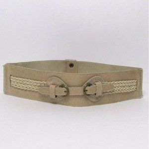 Women's Mid-Waist Braided Adjustable Beige Snap Buttons Belt